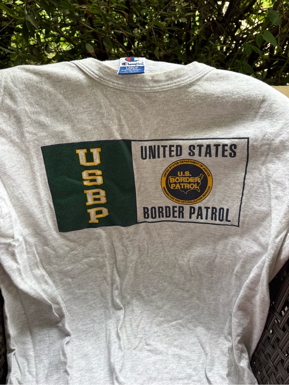 Champion Gray US Border Patrol Graphic Tee with Green and Gold Print